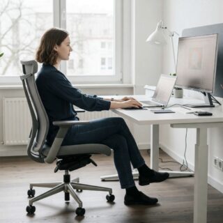 Fast korrekte Körperhaltung an einem Bildschirm-Arbeitsplatz. Natürlich dürfen die Beine auch mal bewegt werden. Im Idealfall stehen beide Füße jedoch auf dem Boden. Fast korrekte Körperhaltung an einem Bildschirm-Arbeitsplatz. Natürlich dürfen die Beine auch mal bewegt werden. Im Idealfall stehen beide Füße jedoch auf dem Boden.